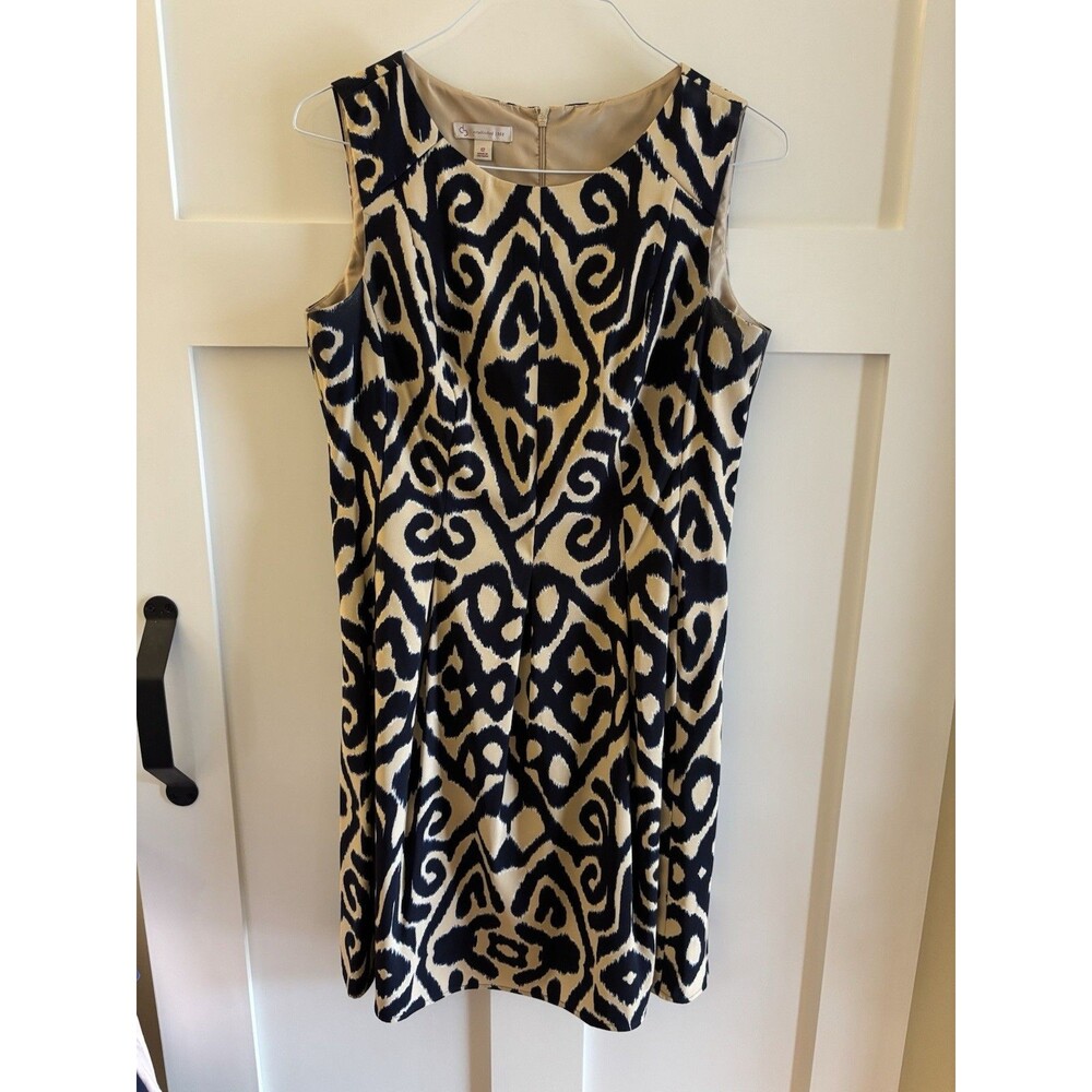 Dress Barn Ikat Print Sleeveless Dress Women’s Size 12 Navy Tan A-Line